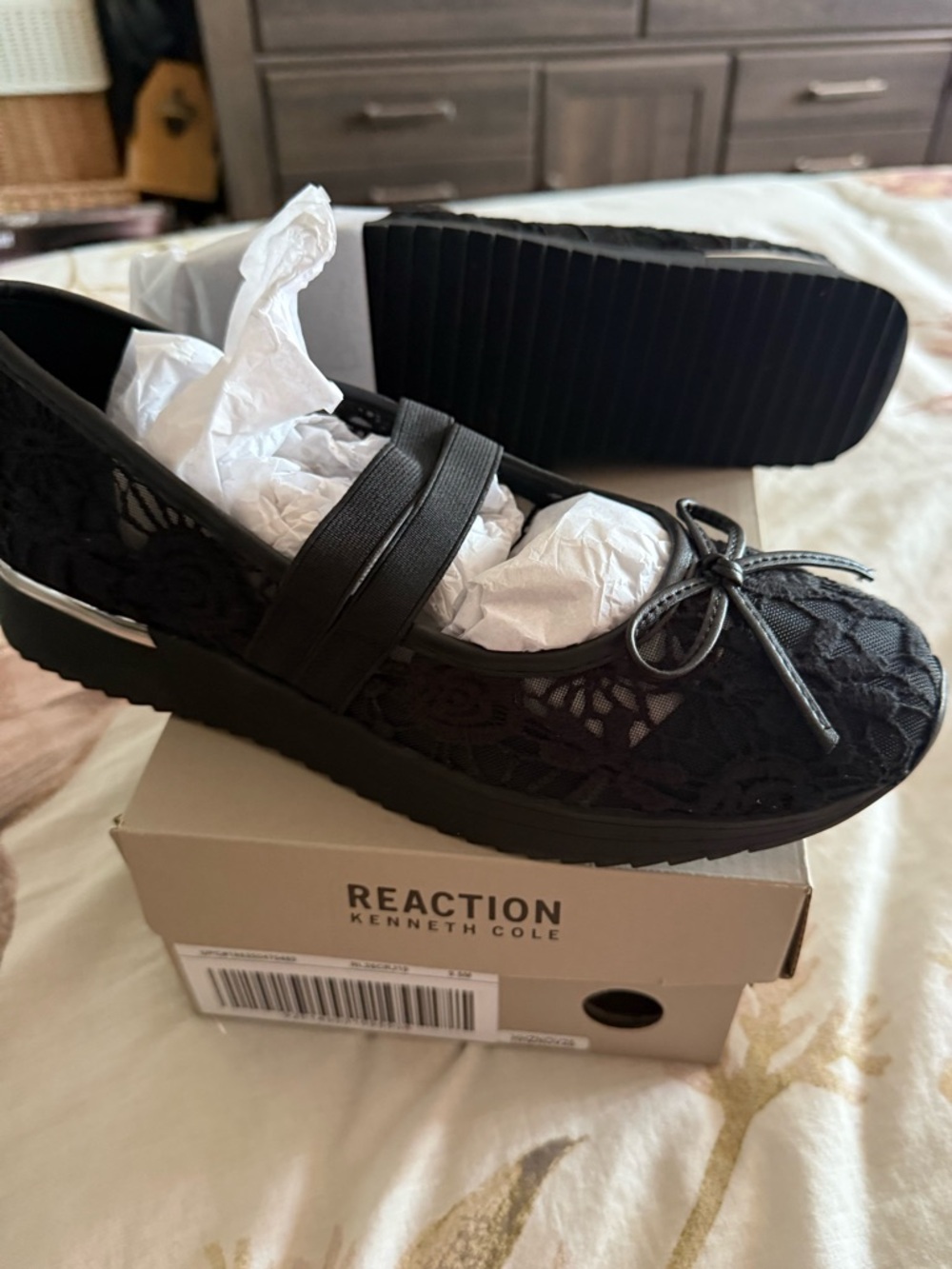 Kenneth Cole Black Lace Mary Jane Loafers with Bow